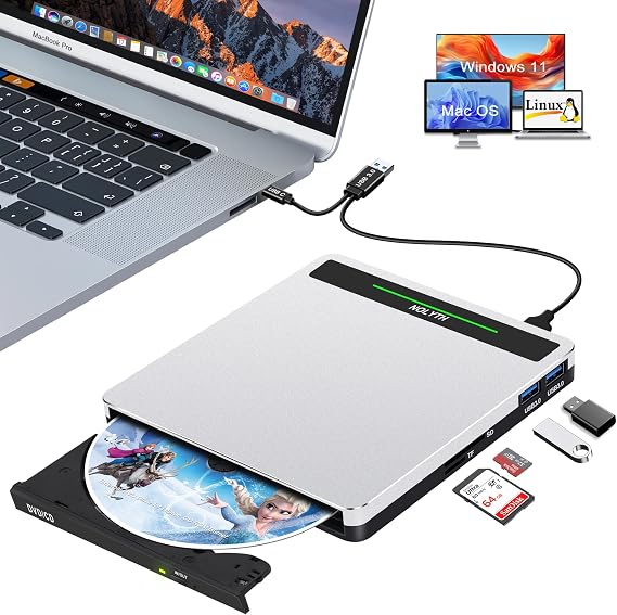External CD Drive for Laptop: Portable USB3.0 USB C DVD ROM Burner - Optical CD/DVD Player with SD/TF/2 USB Ports Compatible with Apple Mac Linux Windows 11/10/8/7